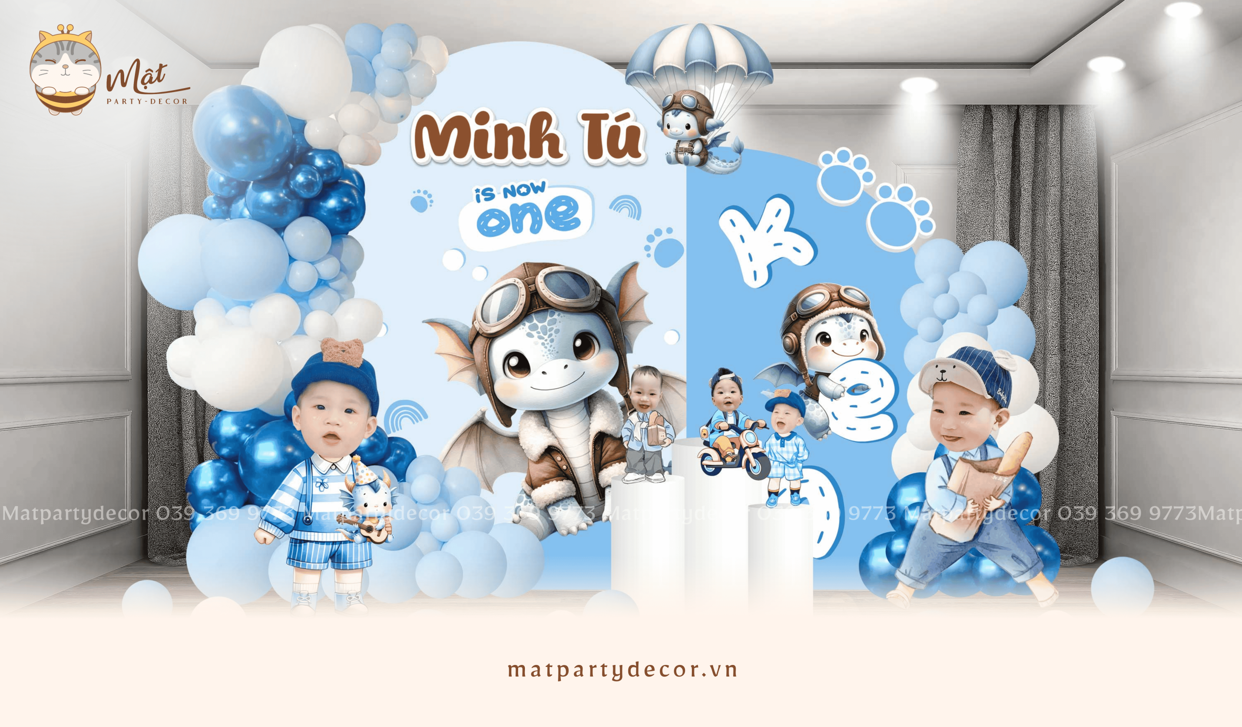 Trang trí sinh nhật bé trai tone xanh dương